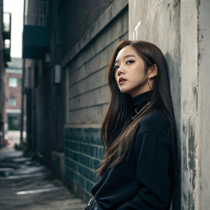 Jisoo from Blackpink at a solo photoshoot. Wearing a casual black turtleneck and long brown hair. Dark, moody urban backdrop