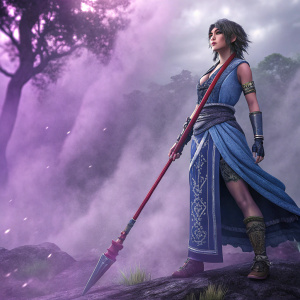 Oerba Yun Fang from Final Fantasy XIII illustrated in a fantasy setting. Surrounded by swirling purple mist, she stands with a determined look. Wearing a detailed blue skirt, she holds a large crimson weapon. Background rich with textures.