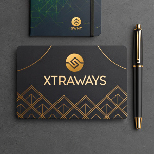 Xtraways business card design. Sleek, modern aesthetic. Dark background with gold accents highlighting the brand name in stylish font. Includes Swint logo and collection badge.