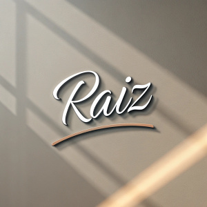 A sleek logo design for 'Raiz', featuring a modern, minimalist cursive font. Neutral color scheme with subtle gradients.
