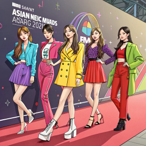 Members of Rainbow, a South Korean girl group, attending the Mnet Asian Music Awards. Dressed in vibrant outfits on the event's red carpet.