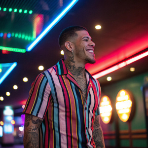 Gabriel Rosado, a smiling boxer with tattoos, wearing a vibrant striped shirt. He's standing alone in a neon-lit nightclub.