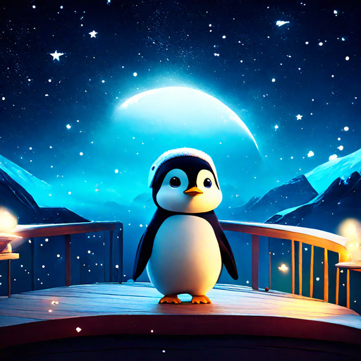 a cute penguin standing on terrace gazing at stars