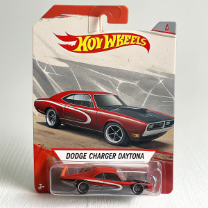 Red and black Hot Wheels Dodge Charger Daytona toy car. Vibrant package design. Sealed with clear plastic wrap. Dynamic pose. Hot Wheels logo at top. Detailed brand and model information.