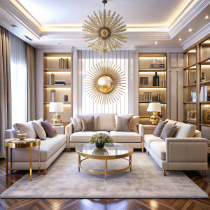 Интерьер гостиной дома в стиле Ар-деко. Огромная гостиная с утонченным декором.  В центре –  длинный элегантный диван на ножках, по сторонам – кресла, стеллажи и небольшой столик. Много элементов из золота в виде солнца. Другой ракурс. Что-то необычное