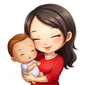 cute chibi mother holding a chibbi baby. mother wearing red top, baby wearing white top, baby eyes are closed and one hand touching mothers chin