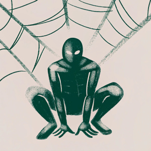 Sketch of Spider-Man crouched in a web-slinging pose. Spider-like design elements around. On textured paper with sketchy lines.