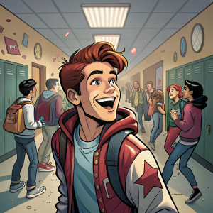 Ron, the protagonist of Jughead The Matchmakers, grinning widely amidst a bustling high school hallway. Multiple characters in the background, each with unique expressions and postures. Panel style resembles a dynamic comic book scene.