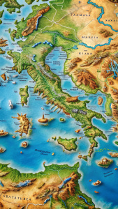 Un mapa antiguo de Grecia, destacando la región de Esparta. Parámetros: "hyper-realistic, action-packed, detailed, ancient Greece map Sparta