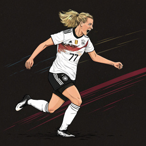 Illustration of a female soccer player, blonde hair, white jersey with German emblems and number 77, black shorts, dynamic pose. Dark background with bold lines and limited colors.