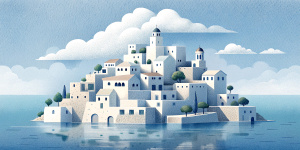 White illustration, Rene magritte style, isolated surrealistic collage of a lot of old Asiatic houses and trees on island, huge ocean and big sky, light pastel colors, asymmetrical composition, zoom out view, grainy texturing paper