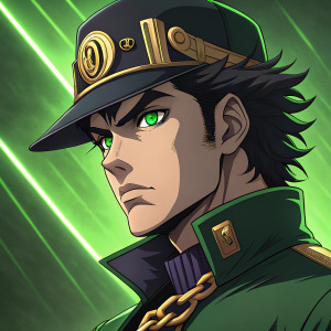 Jotaro Kujo from JoJo's Bizarre Adventure, intense gaze, green eyes, and dark hair. Neon green background, anime style.