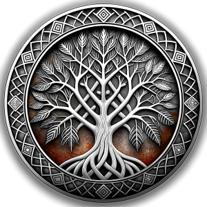 Nordic weapons yggdrasil trees pattern vegvisir symbol –  high-definition design grey and black, realistic tattoo design, white background