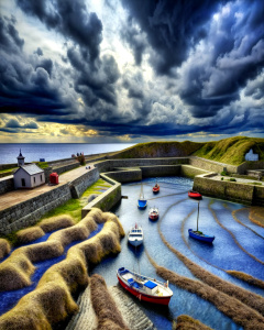 Cullen harbour in Moray with boats,stormy,3D,cut felt,wide angle