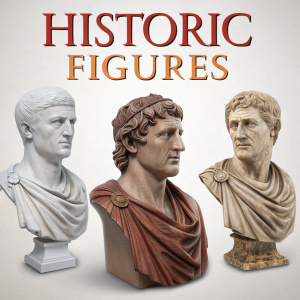 Photorealistic and artistic renderings of various Roman emperors. Each portrait depicts unique expressions. 'HISTORIC FIGURES' written in bold. Plain background