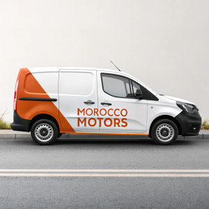 A 3D render of a white and orange delivery van emblazoned with the Morocco Motors logo.