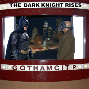 Poster for 'The Dark Knight Rises'. Gotham city backdrop. Batman and Bane standing amidst destruction. Release date and film details prominently displayed.