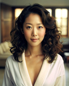 1girl, 18-year-old Korean actress Clara Lee Sung-min, with medium curly brown hair, wearing an open white bathrobe, luxurious bedroom: 1.2, collarbone, looking at the audience, ((turbulent)), ((perfect body proportions)), (panorama: 1.3), beautiful and mature, grinning, deep shadow, Mario Testino style, half body to chest: 1.2, <lora:DetailedEyes_xl_V2:1>, <lora:neg4all_bdsqlsz_xl_V7:1>, (super delicate oval face)), ((long eyelashes beautiful eyes,((real quality)),((Leica RAW photo)),64k,((fidel