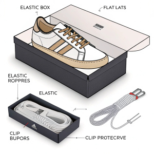 Illustration of Gantari Indonesia's sneaker packaging design. Detailed breakdown of the box, elastic flat rope, and clip components. Sneaker graphic representation included. Focus on protection and style.