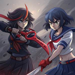 Ryuko Matoi and Satsuki Kiryuin, the main characters from Kill la Kill, in intense battle stance. Dark, dramatic setting. Anime style.