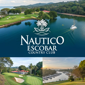 Digital marketing graphic showcasing Nautico Escobar Country Club brand and logos.