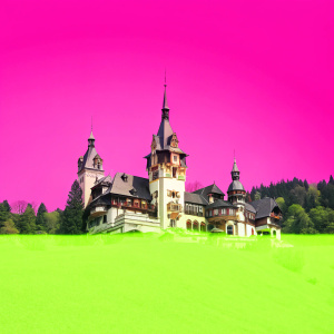 Peles Castle, a majestic structure with multiple towers and turrets, stands proudly against a backdrop of rolling green hills. The castle's facade is a mix of white and brown, blending harmoniously with the clear blue sky above.