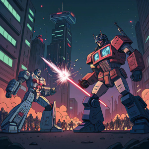 Anime-style digital art featuring Optimus Prime and Megatron. They're dueling in a futuristic cityscape, surrounded by robots and explosions. Dark, neon-lit background.