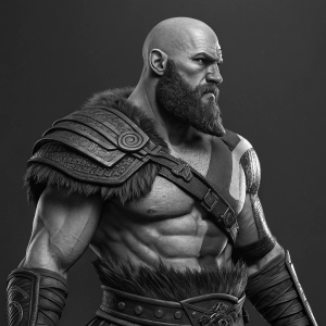 3D digital artwork showcasing Kratos from God of War. Detailed muscular torso and arms. Wearing dark armor and belt. Monochrome color scheme.