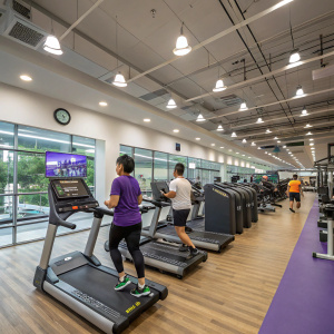 Inside Anytime Fitness, Tampines North Community Club, Singapore. Gym members exercising. Bright lights, modern equipment, clean facilities. Affordable rates, flexible hours, welcoming staff.