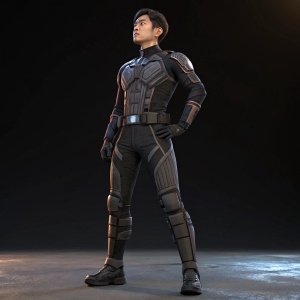 Young Asian male in a futuristic bodysuit with armor-like details. Confident pose. Dark background with soft lighting.