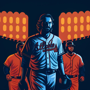 Charlie Culberson, white baseball jersey with Atlanta Braves logo, posing confidently. Teammates in the background. Bright stadium lights