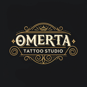 A sleek logo for Omerta Tattoo Studio, featuring a custom font with a fusion of classic and modern styles. The design highlights a rich gold hue against a deep black backdrop, emphasizing the brand's name with intricate details.