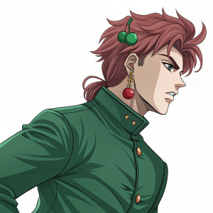 Kakyoin, a protagonist from JoJo's Bizarre Adventure, striking a pose in his signature green attire. His outfit features a high collar and cherry-shaped earrings. Against a stark white backdrop