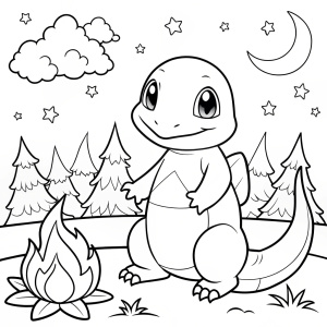Charmander at a Campfire: Illustrate Charmander sitting by a campfire roasting marshmallows. The background can have a few tents and stars in the sky.  COLOURING PAGE BLACK AND WHITE

