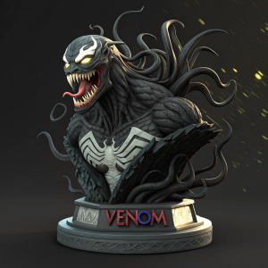 Digital illustration of a menacing Venom sculpture. Tentacle-like structures, dynamic pose, menacing facial expression. Dark background with black and grey colors, accented with light highlights. 'Venom' logo at the base.