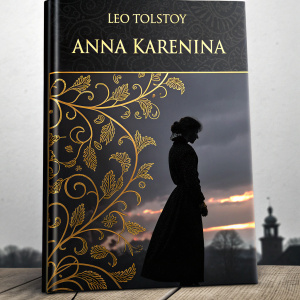 Book cover for Anna Karenina by Leo Tolstoy. Predominantly black background with intricate, gold textured patterns. Author and book title in elegant serif font. Close-up of a woman's silhouette against a stormy sky.