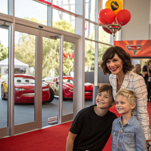Gemma Beason, Catherine Bell, and Ronan Beason at a Cars 3 fan convention. Glass doors backdrop.