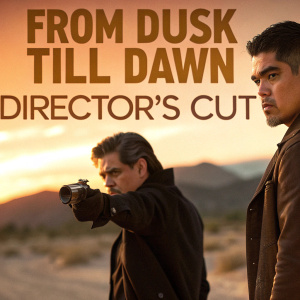 Stylized poster for the film 'From Dusk Till Dawn: Directors Cut'. Actors in sharp focus against a blurred desert backdrop.