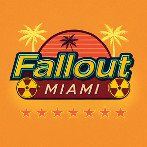 Fallout: Miami, a bold neon logo with a retro-futuristic font. Set against a vibrant orange and yellow background, featuring iconic game elements.