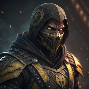 High detail illustration of Scorpion from Mortal Kombat. Mask covered with geometric shapes and patterns. Eyes glowing in dark background.
