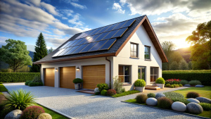 Modern eco friendly passive house with solar panels on the gable roof, driveway and landscaped yard