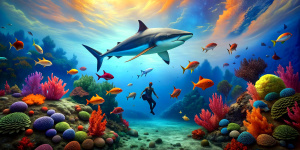 Underwater world with a diver on coral reef among the fish and a shark circling the diver, high quality, 8k, realistic elements