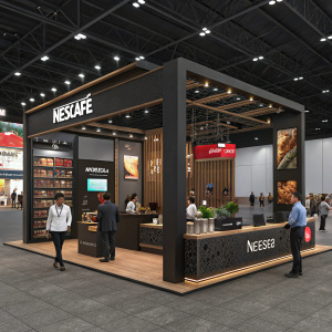 Nescafe booth at the bustling trade show. Modern design, dark colors, 3D rendering.