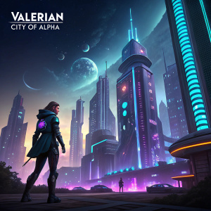 Digital artwork for 'Valerian: City of Alpha'. Futuristic cityscape with towering structures. Protagonist determined expression. Call to action inviting players to shape the galaxy. Interface elements include icons, labels, and a user-friendly layout. Dark tones with blue and purple hues.