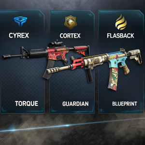 Dark background showcasing unique skins for Counter-Strike: Global Offensive from USPS. CYREX, CORTEX, FLASHBACK, TORQUE, GUARDIAN, BLUEPRINT. Distinctive designs and color schemes. Average monthly purchases listed.