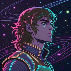 Digital artwork of Lance McClain from Voltron Legendary Defender. Long hair, determined gaze. Neon colors, abstract space background