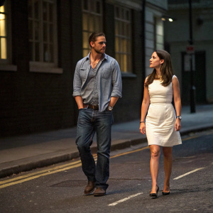 Tom Hardy, dressed in casual shirt and jeans, standing beside Charlotte Riley, in a simple white dress. They are walking on an empty, dimly lit street.