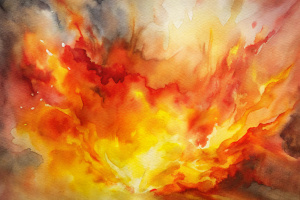 Fiery Inferno: Intense reds, oranges, and yellows blending together in a fiery inferno of watercolor splatters, conveying passion, intensity, and heat.

