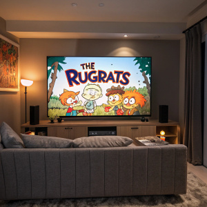 A large flat screen TV showing 'The Rugrats' episode, with the main characters and the title clearly visible.