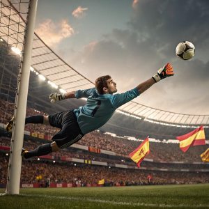 Iker Casillas, diving dramatically towards a soccer ball, amidst a cheering stadium crowd.
